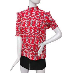 Vila Blouse Red with White Floral Print Size M/L Short Sleeve High Neck Ruffled